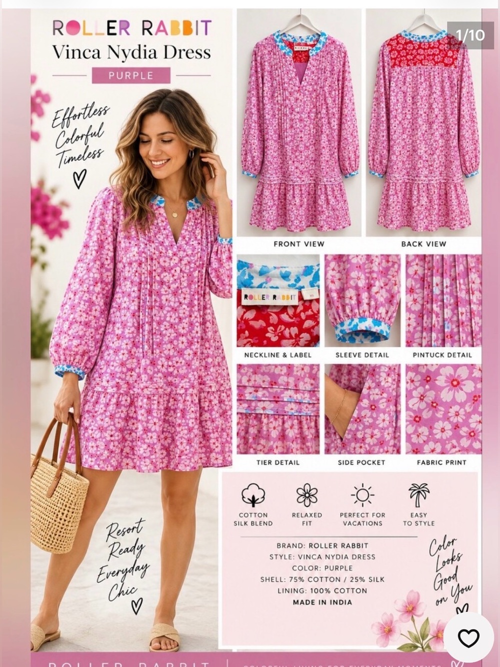 Roller Rabbit Vinca Nydia Dress
Purple Cotton Silk